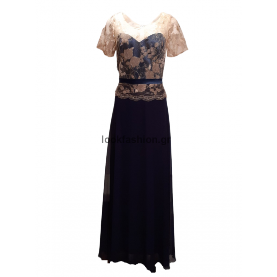 Βραδινο φορεμα - Φόρεμα maxi κοντό μανίκι με δαντέλα και μουσελίνα 1-17.17041/560  ΦΟΡΕΜΑΤΑ