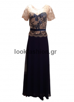 Φόρεμα maxi κοντό μανίκι με δαντέλα και μουσελίνα 1-17.17041/560 